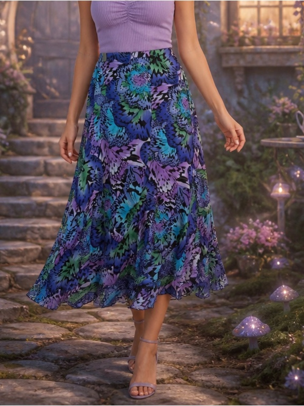 Womens XL Purple Blue Floral Chiffon Midi Skirt Fairy Grunge Flowy Whimsical Y2K